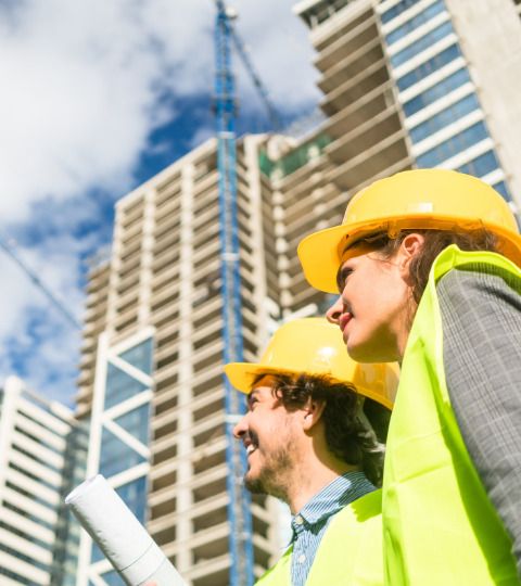 Structural engineer reviewing project drawings on site